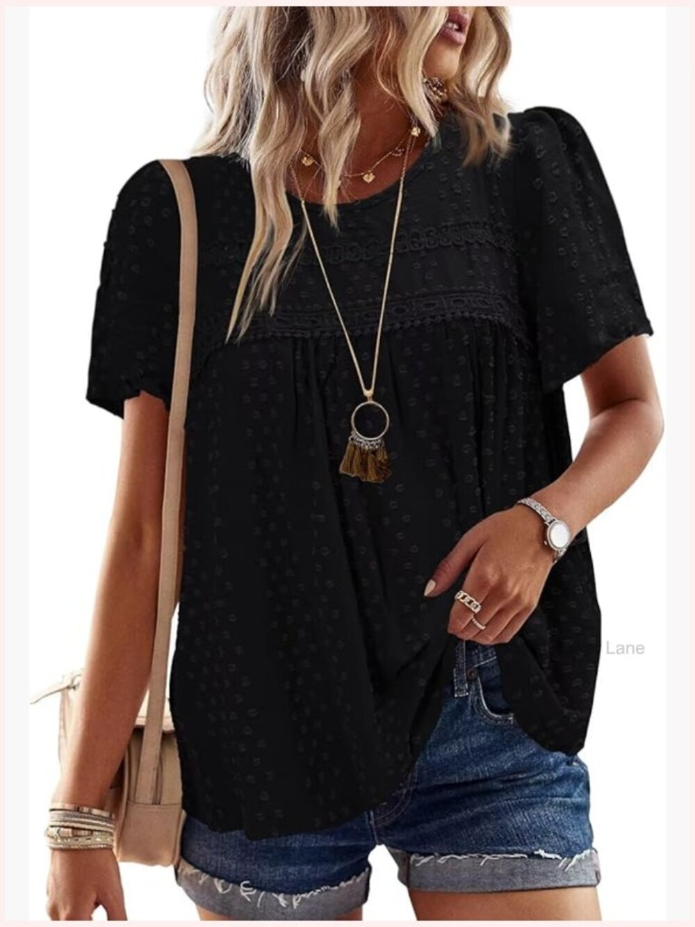 Crewneck Short Sleeve Chiffon Blouse Lace Hem Boho Tunics